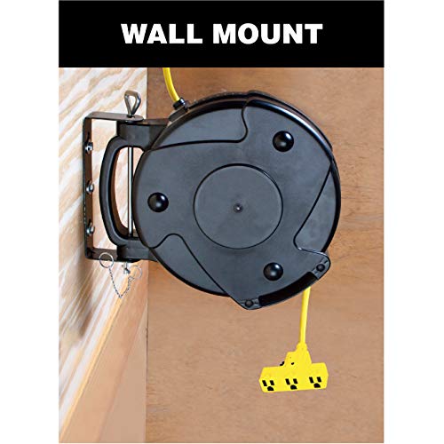 Alert ProReel Pro-Grade 8150MP Heavy-Duty Retractable Extension Cord Reel | 50' - 14/3 SJTOW Electrical Retracting Cord | Tri-Tap Grounded Outlet with Power Light | 13 Amp Resettable Circuit Breaker