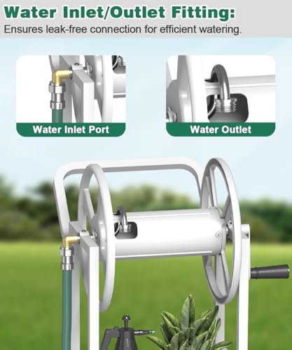 Hose Reel Cart with 2 Wheels, Garden Water Hose Holder Heavy Duty Powder Coated Steel Outdoor Winder Storage Holds 125 ft 5/8" Hoses with Basket and 3.9ft Leader Hose for Backyard, White - color: White