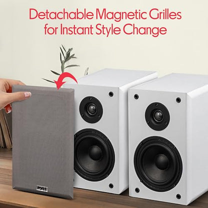 Pyle 5.25” Wired Bookshelf Speakers Pair – 2-Way HiFi Home Theater Stereo Speakers with Soft Dome Tweeter, Paper Cone Woofer & Wall Mount Brackets – Compact Speaker System, White - color: White, size: 5.25 inch