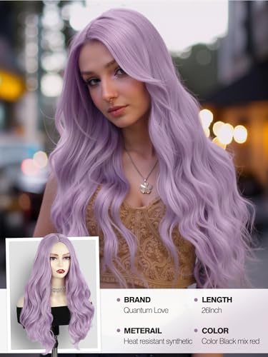 Quantum Love Long Curly Wig for Women Long Wavy Light purple Wigs 28 Inch Natural Looking Purple Synthetic Fashion Color Hair for Cosplay Halloween Daily Party Use - color: Light Purple