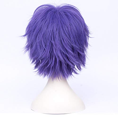 LABEAUTÉ Short Dark Lavender Anime Cosplay Wig Male Men Anime Layered Unisex Heat Resistant Hair Wig with Bangs for Party and Halloween for Gift + Free Cap - color: Dark Lavender