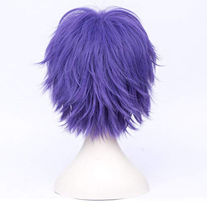 LABEAUTÉ Short Dark Lavender Anime Cosplay Wig Male Men Anime Layered Unisex Heat Resistant Hair Wig with Bangs for Party and Halloween for Gift + Free Cap - color: Dark Lavender