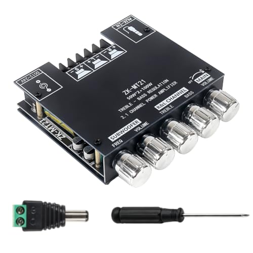 ZK-MT21 2.1 Channel Bluetooth Amplifier Board, 50W×2 + 100W Class D Audio Amp with Subwoofer Control, Bass/Treble Adjustment, 15m BT 5.0, AUX Input, 12-24V DC for DIY Home Theater, PC Gaming Speaker - color: ZK-MT21