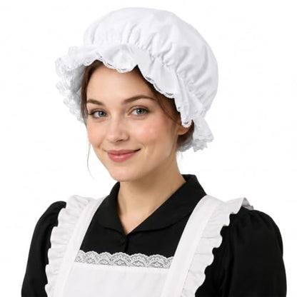 White Bonnet Mob Cap Accessory - Colonial Peasant Amish Hat, Grandma Night Bonnet Nightcap Prairie Cap Halloweens Costume Bonnets Maid Cosplay Costume Accessory for Maid Girls and Women