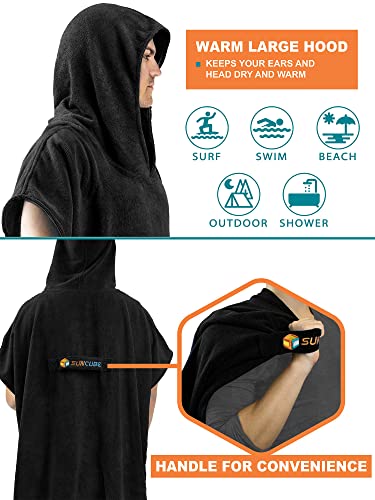 SUN CUBE Surf Poncho Changing Robe with Hood, Wetsuit Changing Hooded Towel | Thick Quick Dry Microfiber, Wetsuit Changing Towel, Surfing Beach Swim Outdoor Sports Cover Up, Adult Wearable Poncho - color: Black