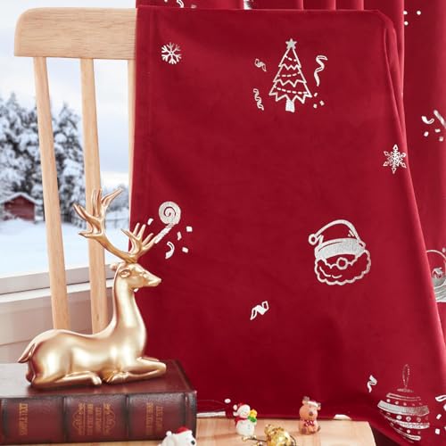 Lazzzy Christmas Curtains Velvet 96 Inch Length Thermal Insulated Silver Foil Print Drapes for Bedroom Living Room Darkening Window Treatments Rod Pocket Curtains, 2 Panels - color: Foil Silver/Red, size: 52"W x 96"L (Pack of 2)