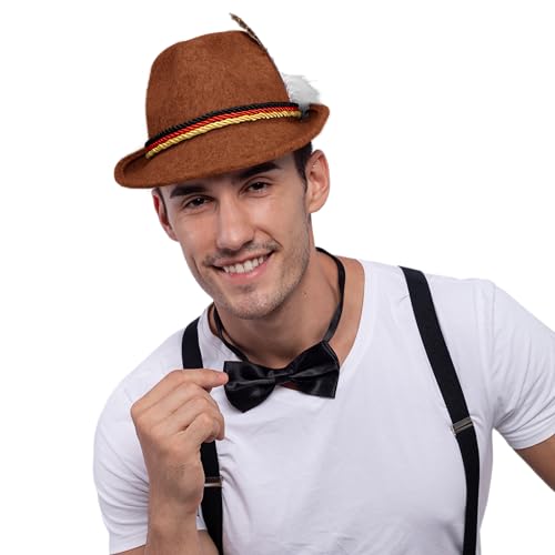 Spooktacular Creations Oktoberfest Hats, 2 PCS German Oktoberfest Costume Accessories Set, Green Brown Felt Fedora Retro Hats for Adults Bavarian Alpine Halloween Dress Up, RolePlay Party - color: Green+brown