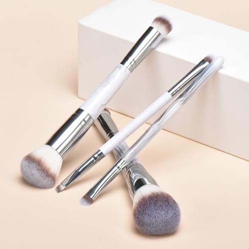 Grey Makeup Brushes set, 4 Dual-Ended Brushes, 3 Makeup Sponges & 1 Metal Stand, Professional Complete Cosmetic Brush Set, for Foundation Powder Blush Eyeshadow - style: Grey 8-piece set