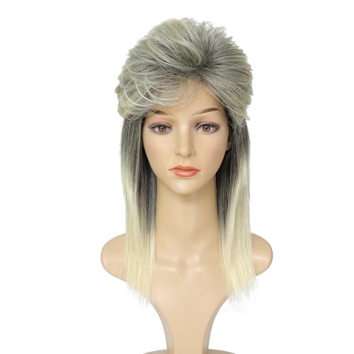 Adequate Women's Blonde Mix Black Mullet Wig 80s 90s Costumes Fancy Party wig Joe Dirt Emo Halloween Cosplay Wigs (Blonde Mix Black) - color: B-Blonde Mix Black