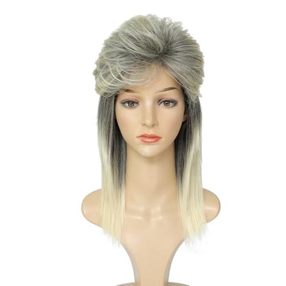 Adequate Women's Blonde Mix Black Mullet Wig 80s 90s Costumes Fancy Party wig Joe Dirt Emo Halloween Cosplay Wigs (Blonde Mix Black) - color: B-Blonde Mix Black