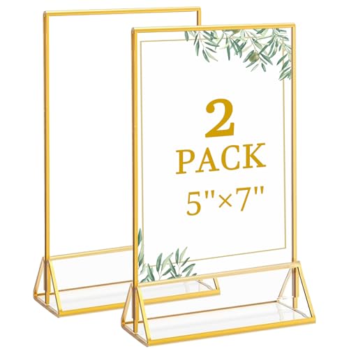 Floroom 2 Pack 5x7 Inch Clear Acrylic Sign Holders, Double-Sided Gold Display Stand Picture Frames for Table Numbers, Menus, Flyers, Weddings, and Offices - color: Gold, size: 5" x 7"- 2 Pack