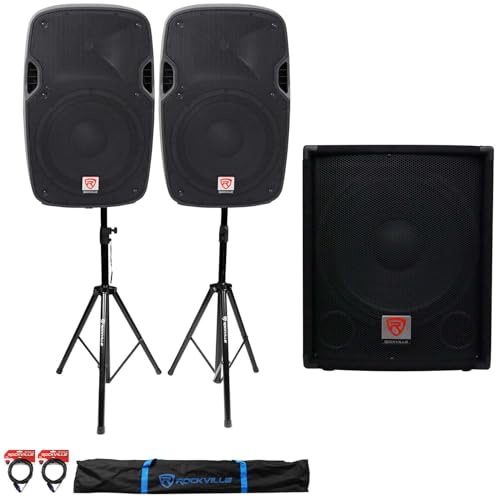 Rockville SPGN128 12" PA Speakers 2-Pack with SBG1154 Sub and Stands | 1200W Peak / 300W RMS Each, 800W Peak / 400W RMS 15-Inch Sub, 2 Stands, 2 x 20-Foot Cables, 5-Items