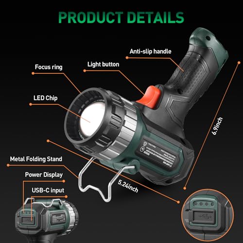 FORTO Compact Rechargeable Spotlight with Adjustable Focus, Handheld Spot Light with Stand, 2700ft Range, 3 Light Modes and LED Spot Lights Outdoor for Boating Hunting Camping Hiking - color: Green