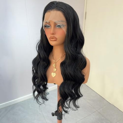 RONGDUOYI 13X4 Long Body Wave Black Synthetic Lace Front Wig for Women - color: Black