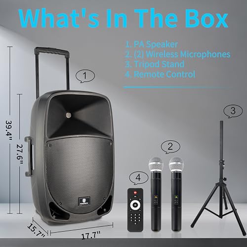 Portable 15" 1600W 2-Way Rechargeable Powered Dj PA Speaker System with Bluetooth, Rechargeable Battery, 2 Wireless Mics, USB, SD, FM Radio, Remote & Speaker Stand for Parties, Events, gigs, Outdoor - size: 15 inch
