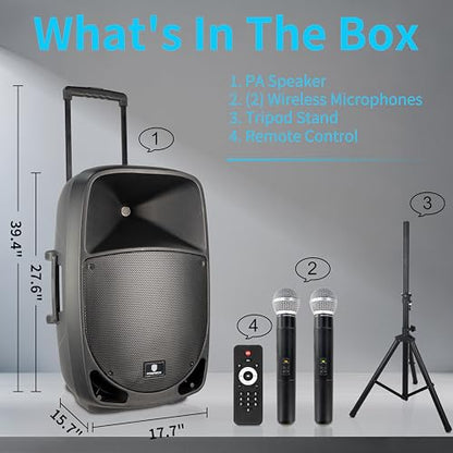Portable 15" 1600W 2-Way Rechargeable Powered Dj PA Speaker System with Bluetooth, Rechargeable Battery, 2 Wireless Mics, USB, SD, FM Radio, Remote & Speaker Stand for Parties, Events, gigs, Outdoor - size: 15 inch