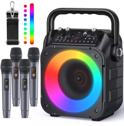 Karaoke Machine with 4 Wireless Microphones for Adults and Kids | Bluetooth Speaker, 5 Light Modes, PA System, TWS Stereo Pairing, USB/TF/REC/FM/AUX, 6-8H Playtime for Home Party and Outdoor - size: 4 Mics