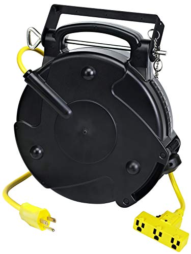Alert ProReel Pro-Grade 8150MP Heavy-Duty Retractable Extension Cord Reel | 50' - 14/3 SJTOW Electrical Retracting Cord | Tri-Tap Grounded Outlet with Power Light | 13 Amp Resettable Circuit Breaker