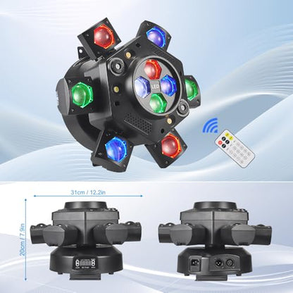 Moving Head DJ Lights, Rualin 150W LED Stage Light 4 in 1 with RGBW 6 Arms Beam, Bee-Eye Light, Red Green Starry and White Amber Strobe, Remote & DMX Control for Disco Club Party DJ Stage Lighting