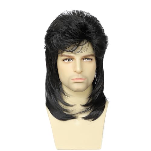 Men's Mullet Wig, 80s Black Rocker Style Wig for Men, Synthetic Long Hair Wig, Suitable for Halloween, Cosplay, Theme Parties and Daily Wear (Black) - color: m57-Black