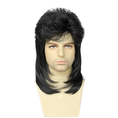 Men's Mullet Wig, 80s Black Rocker Style Wig for Men, Synthetic Long Hair Wig, Suitable for Halloween, Cosplay, Theme Parties and Daily Wear (Black) - color: m57-Black
