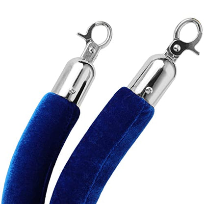 JAPCHET 4 Pack 6.5 Feet Velvet Rope, Blue Velvet Stanchion Rope with Silver Polished Hooks, Crowd Control Queue Line Barrier Rope Hanging Ropes for Hotels, Movie Theaters