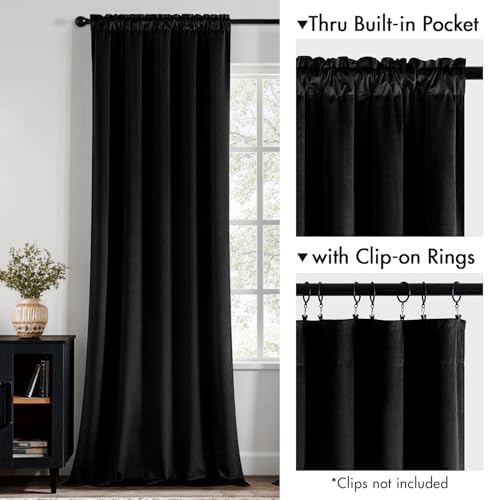 MIULEE Black Velvet Blackout Curtains 63 Inch Long 2 Panels, W40 x L63 | Luxury Super Soft, Thermal Insulated, Room Darkening Drapes, Rod Pocket Design, Window Curtains for Bedroom Living Room - color: Black, size: 40"W x 63"L (Pack of 2)