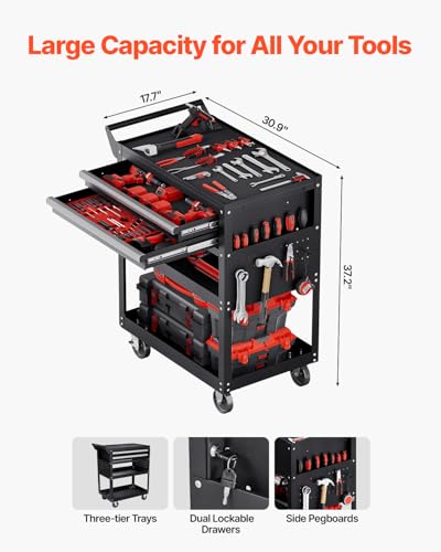 VEVOR 5-Tier Tool Cart with Wheels, 400 lbs Load Capacity, Rolling Work Cart with 2 Drawers & Pegboard, Mechanic Tool Storage Organizer with Locking System for Garage, Warehouse and Repair Shop, Black | Rolling Mechanic Tool Storage Cart with 2 Drawers, P