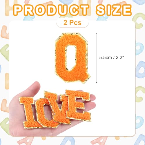 MECCANIXITY Chenille Letter Patches 2.2" Self Adhesive Alphabet Q Stick on Embroidered Patch Sew on Letter Stickers Applique for Repairing Clothing Jeans Shoes Hats DIY(Orange, Pack of 2) - style: Letter-Q