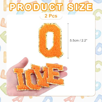 MECCANIXITY Chenille Letter Patches 2.2" Self Adhesive Alphabet Q Stick on Embroidered Patch Sew on Letter Stickers Applique for Repairing Clothing Jeans Shoes Hats DIY(Orange, Pack of 2) - style: Letter-Q