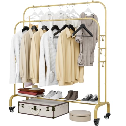 SUOERNUO Clothes Rack with Lockable Wheels Double Rods Metal Garment Racks - color: Gold, size: 39.37"D x 15.75"W x 59.06"H