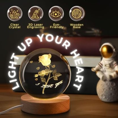 Flexzion 3D Rose Crystal Ball Night Light - LED Light Hologram Glass Lamp with Solid Wood Base, USB Powered Crystal Ball Lamp with Adjustable Brightness for Home Decor Display Gift, 2.4inch(60mm) | Rose Lamp with Solid Beech Wood Base and Adjustable Brigh