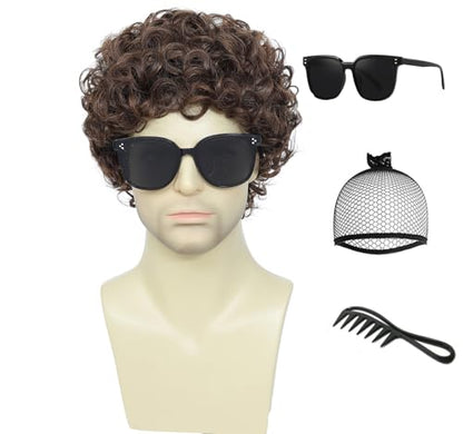 Adequate Mens Short Afro Curly Wig for Male，70s 80s Disco Guy Rocker wigs，Halloween Cosplay Fancy Wigs for Daily Party Costume (Brown) - color: Light Brown