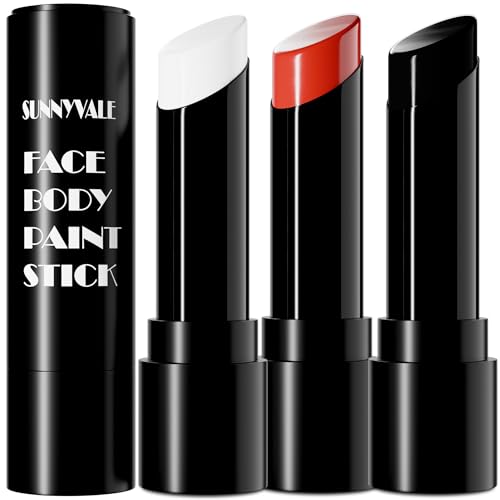 SUNNYVALE Halloween Clown Black White Red Face Body Paint Stick Cream,Eye Black for Sport, Hypoallergenic Foundation for Skeleton Vampire Skull Cosplay Special Effects Costume SFX Halloween Makeup Kit - color: White & Black&Red