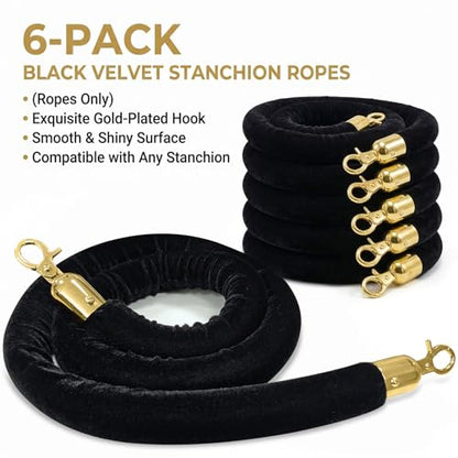6-Pack Black Velvet Stanchion Ropes, 5ft Crowd Control Barrier with Gold Hooks for Events, Parties, Weddings, Hotels, Movie Theaters, Red Carpet Openings