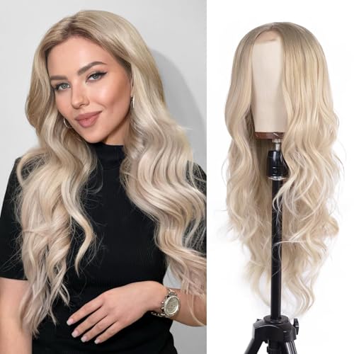 Aida ble Long Wavy Ombre Ash Blonde Wig for Women 26inch Middle Part Wig | Natural Looking Synthetic Wig,Suitable for Daily Wear,Party,Halloween and Cosplay,Beginner-friendly,Lightweight and soft - color: Ash Blonde
