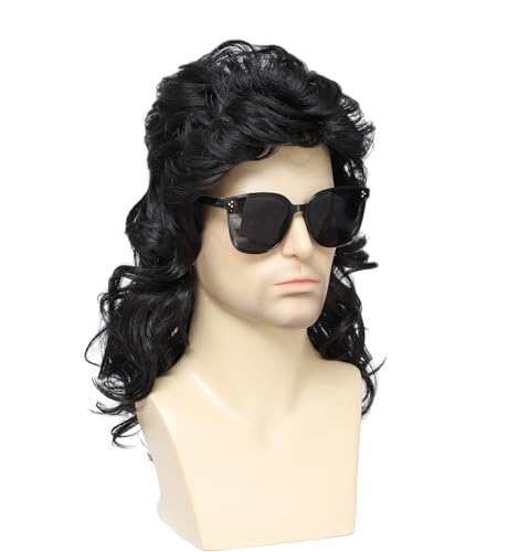 Mullet Wigs for Men 80s Costumes Fancy Party Accessory Cosplay Wig Men's Long Curly Mullet Wig with Sunglasses (Near Black) - color: 8002-Black