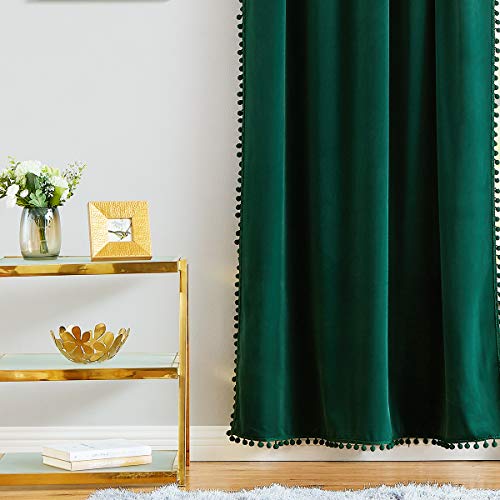 Christmas Green Velvet Curtains for Living Room 63" Pom Pom Room Darkening - color: Pom Pom- Christmas Green, size: 42"W x 63"L (Pack of 2)