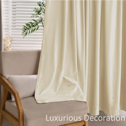 Fcosie Home Theater Curtains Flat Hooks, Extra Wide Velvet Drapes, Blackout Room Darkening Thermal Insulated Drapery for Home Moive Theater Room, 1 PC, 100W x96 L, Beige White, 130gsm White Liner - color: Beige White (#56) + 130gsm White Liner, size: 100"