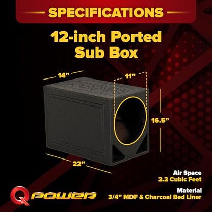 QPower Single Triangle Car Audio Ported Subwoofer Box, Fits Most 12-Inch Subwoofers - Deep Bass MDF Enclosure with Bed Liner Finish, Tuned to 54 Hertz, 2.2 Cu Ft Air Space | Sub Box, 3/4" MDF, Spring Loaded Terminals, 2.2 Cu.Ft. Air Space, 35 Hz Tuning, C