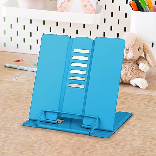Honagu Small Book Stand Book Holder Metal Desk Stand for Reading Hands Free, Adjustable Cookbook Documents Holder, Portable for Music Books, Textbook, Recipe, Tablet, Ipad, Great Gifts (Sky Blue) - color: Sky Blue