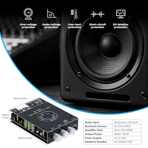 Hosyond ZK-1602T Bluetooth Amplifier Board, 2.0 Channel 160W+160W Stereo Audio Amp with Treble & Bass Control, DC 15-36V Power Supply, Bluetooth 5.0 & AUX Inputs for Home DIY Speakers - style: ZK-1602T