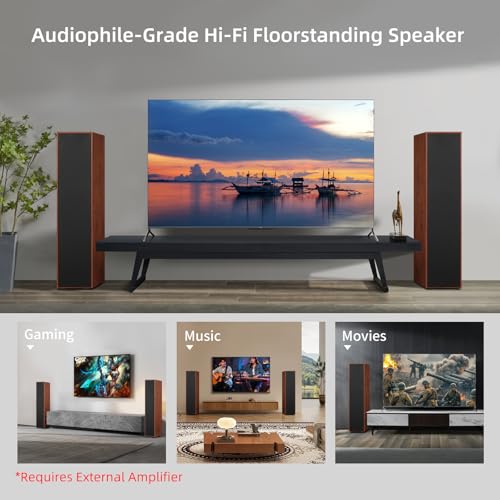 Elimavi Floor Standing Tower Speakers Pair, Dual 6.5" Woofers, 120W, Brown | 1" silk dome tweeter, passive hi-fi design, home theater ready, MDF wood cabinet, rich warm sound, for stereo & movies - color: Brown
