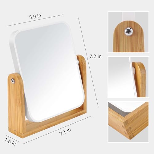 LFOYOU Vanity Makeup Mirror with Natural Bamboo Stand, Double Sided 360 Degree Swivel Magnifying Mirror, Tabletop Magnified Make up Mirror for Bathroom or Bedroom 8 Inch - size: 8"L x 7.1"W