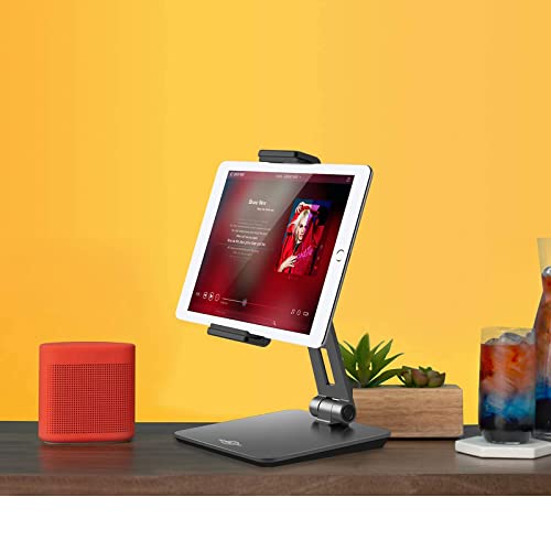 KABCON Tablet Stand,Tightness Adjustable Aluminum Alloy Tablet Stand for Desk, 360° Swivel Foldable Tablets Stands Dock for 4''-14''Tablets/Phone, iPad Series,Samsung Galaxy Tabs,Kindle Fire,Etc. - color: Grey