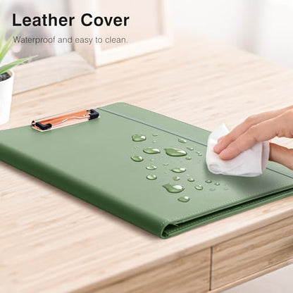 Ospelelf Faux Leather Clipboard with Storage Foldable Clipolio with Notepad 8.5 x 11, Green Business Padfolio Portfolio for Women - color: Green