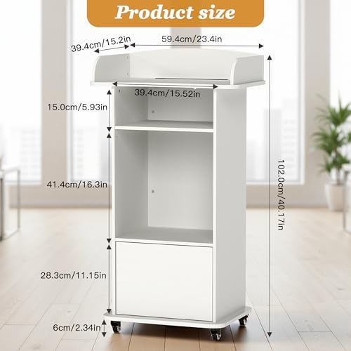 Podium Stand with Metal Wheels Wooden Lectern Podium Stand Portable Pulpit Standing with Storage Mobile Reception Podiums Desk for Church Office School Conference Restaurant Meeting, White - color: White