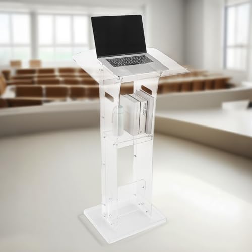 VEVOR Podium Stand, 43-Inch Acrylic Lectern, Portable Laptop Desk with Wide Reading Surface and Storage Shelf, Book Stopper, Floor-Standing, for Classroom, Wedding, Conference, Lecture and Concert - style: 43" White