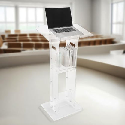 VEVOR Podium Stand, 43-Inch Acrylic Lectern, Portable Laptop Desk with Wide Reading Surface and Storage Shelf, Book Stopper, Floor-Standing, for Classroom, Wedding, Conference, Lecture and Concert - style: 43" White
