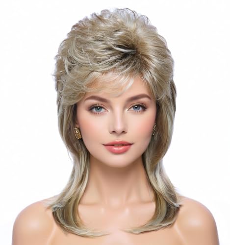 Airhostess 80s Retro Layered Mullet Wig for Women, Pre-Styled Synthetic Wig, Natural Texture for Halloween Cosplay 80s Themed Party (Blonde) - color: 2057-Blonde